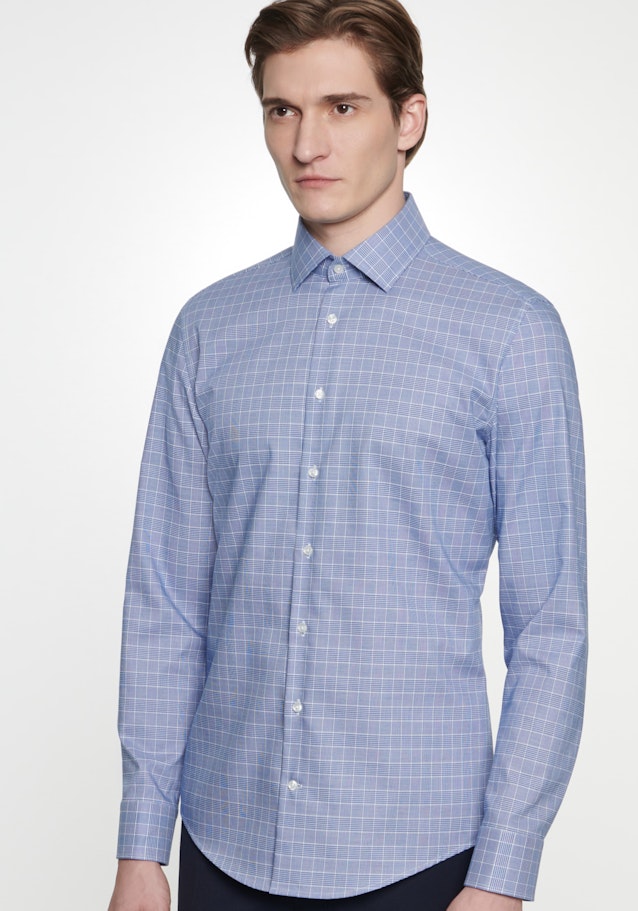 Bügelleichtes Glencheck Business Hemd in Shaped mit Kentkragen in Mittelblau |  Seidensticker Onlineshop