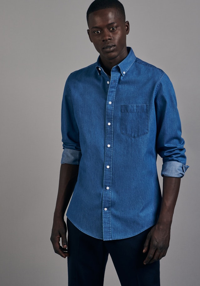 Denim Business Hemd in Slim mit Button-Down-Kragen in Mittelblau |  Seidensticker Onlineshop