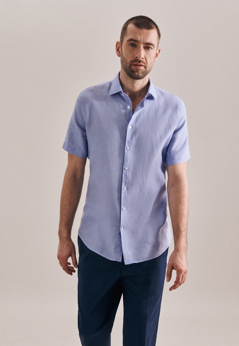 Linen Short sleeve Linen shirt in Shaped with Kent-Collar