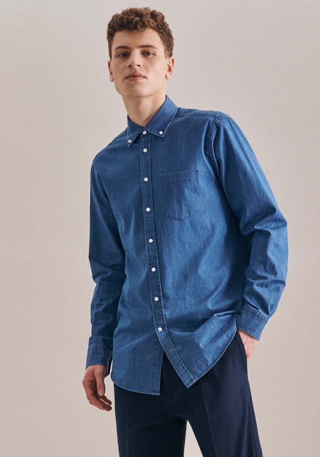Denim Denim shirt in Regular mit Button-Down-Collar in Medium Blue |  Seidensticker Onlineshop