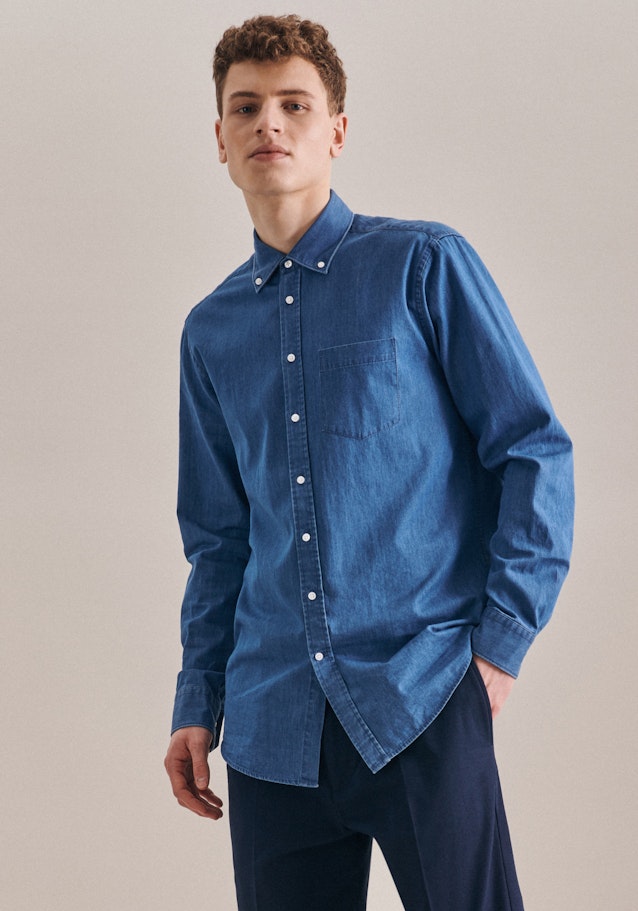 Regular Denimhemd Uni in Mittelblau | Seidensticker Onlineshop