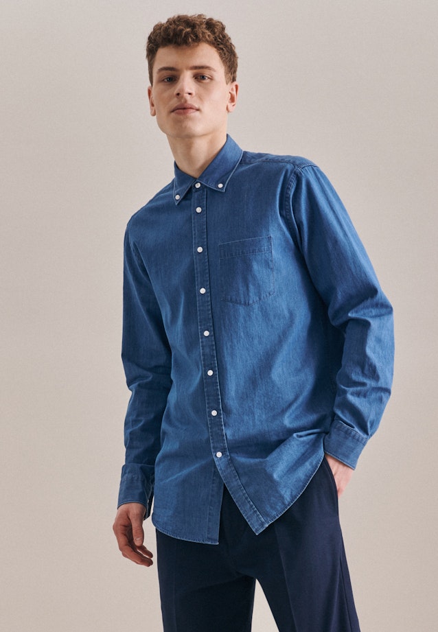 Regular Denimhemd Uni in Mittelblau |  Seidensticker Onlineshop