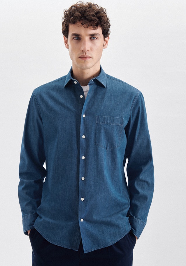 Regular Denimhemd Uni in Mittelblau | Seidensticker Onlineshop