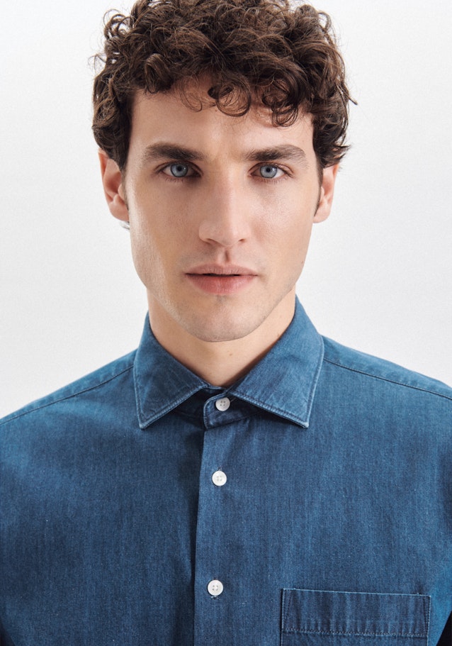 Regular Denimhemd Uni in Mittelblau | Seidensticker Onlineshop