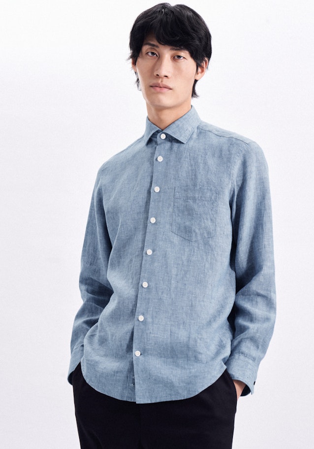 Linen shirt in Regular with Kent-Collar in Medium Blue | Seidensticker Onlineshop