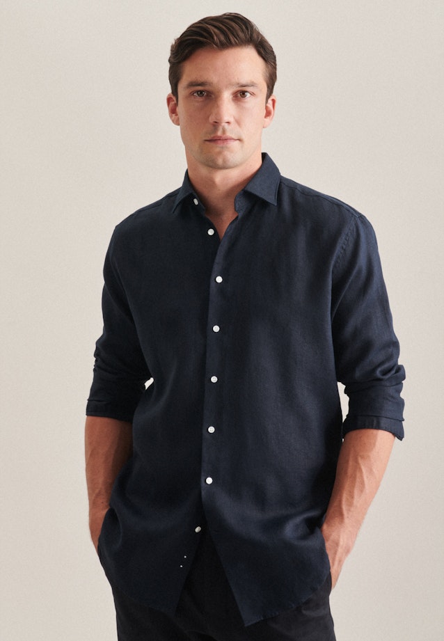 Regular Linen shirt Uni in Dark Blue |  Seidensticker Onlineshop