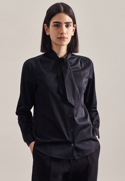 Tie-Neck Blouse Plain-coloured Glossy in Black |  Seidensticker Onlineshop