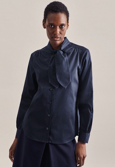 Tie-Neck Blouse Plain-coloured Glossy in Dark Blue |  Seidensticker Onlineshop