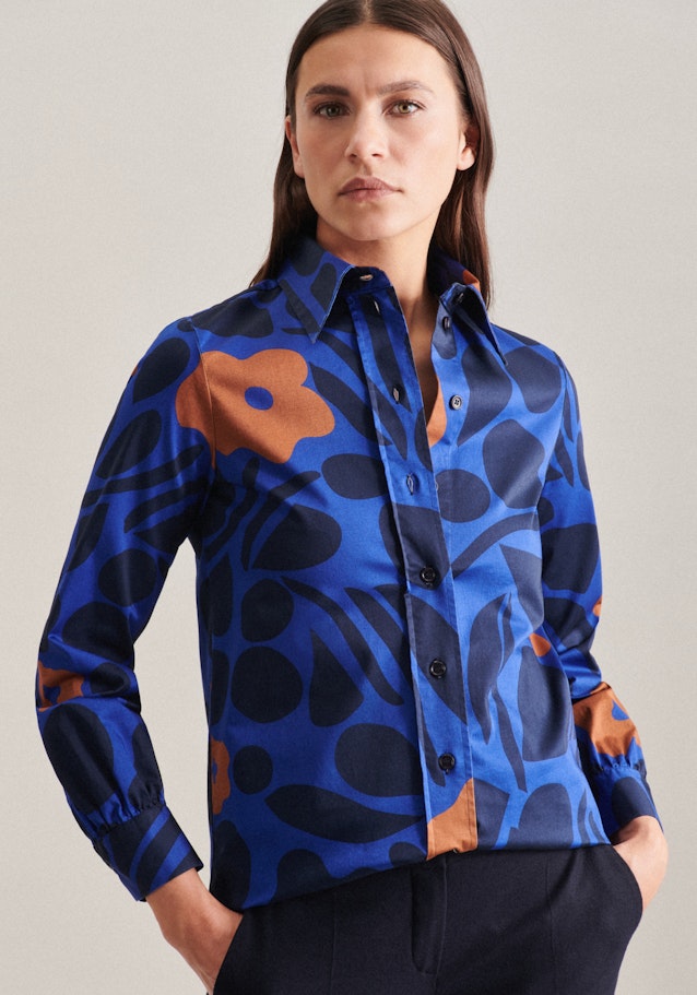 Lange mouwen Satin Shirtblouse in Middelmatig Blauw |  Seidensticker Onlineshop