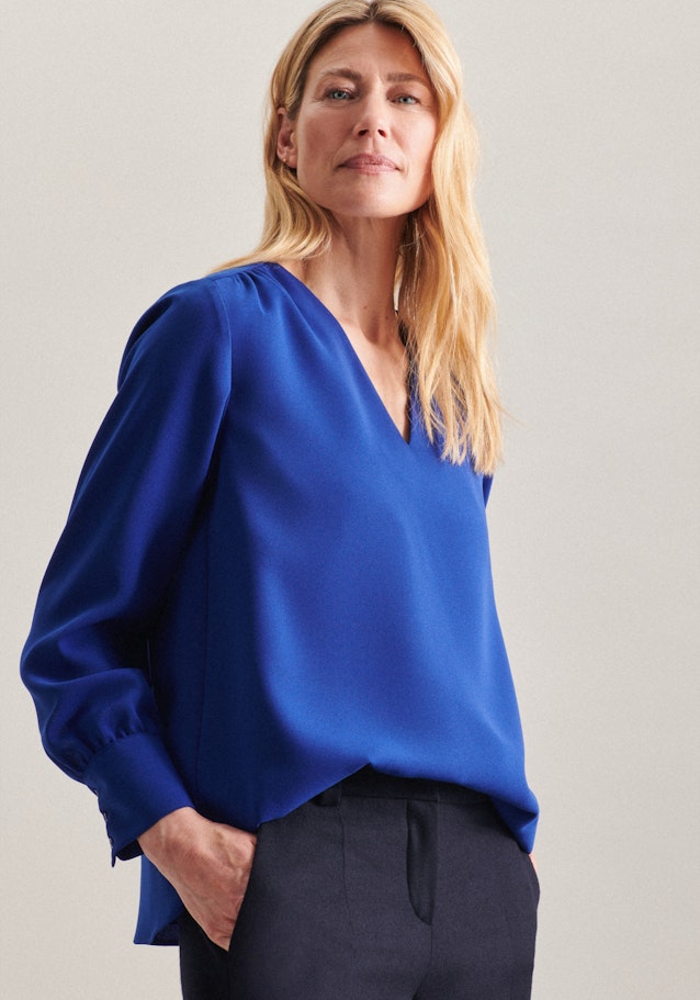 Long sleeve Crepe Stand-Up Blouse in Medium Blue |  Seidensticker Onlineshop