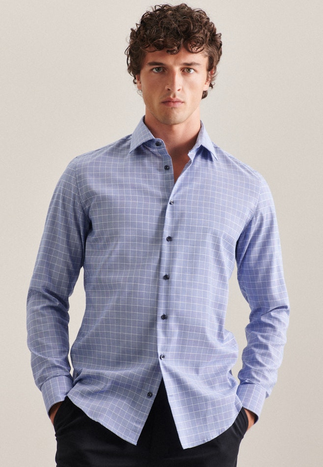 Easy-iron Glencheck Business Shirt in Slim with Kent-Collar in Medium Blue | Seidensticker online shop