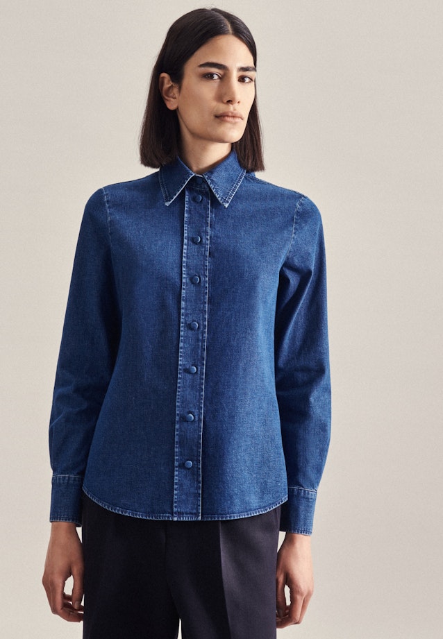 Long sleeve Denim Tie-Neck Blouse in Dark Blue |  Seidensticker Onlineshop