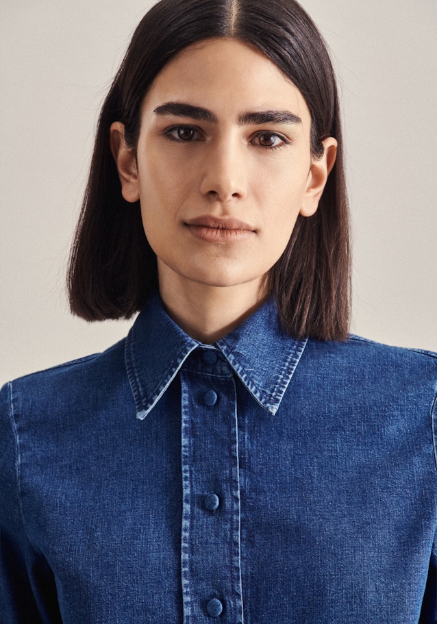 Lange mouwen Denim Blouse Met Volant in Donkerblauw |  Seidensticker Onlineshop