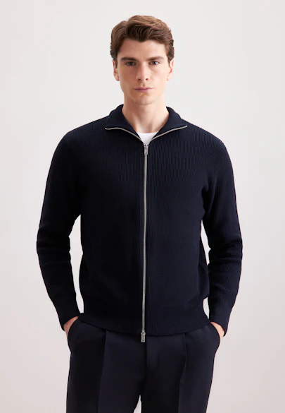 Stehkragen Strick-Jacke  , Uni in Dunkelblau |  Seidensticker Onlineshop