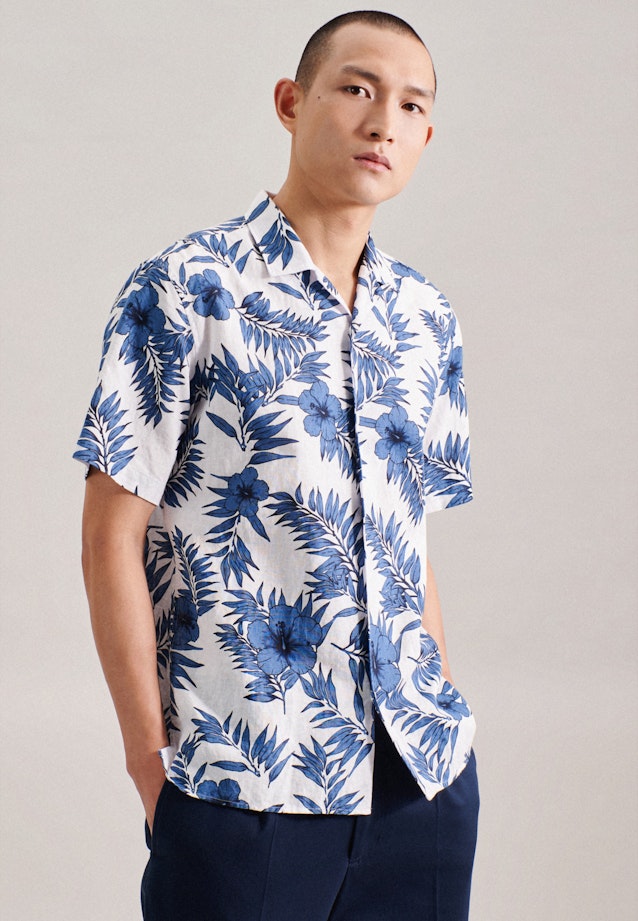Linnen Korte mouwen Casual Shirt in Regular with Revers Collar in Middelmatig Blauw | Seidensticker Onlineshop