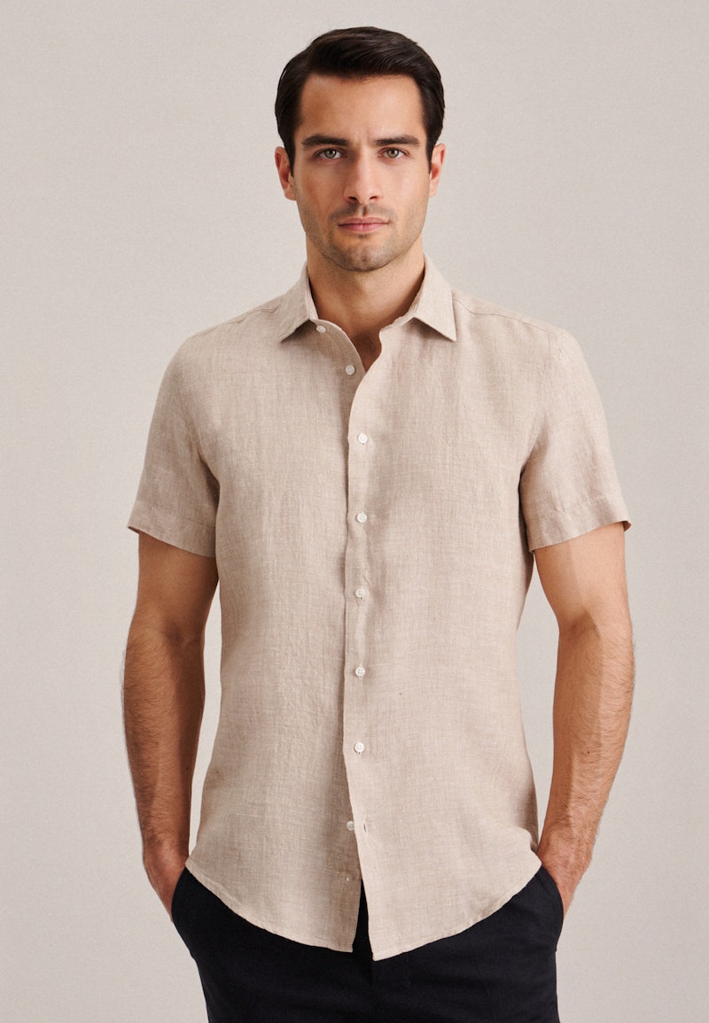 Linen Short sleeve Business Shirt in Shaped with Kent-Collar