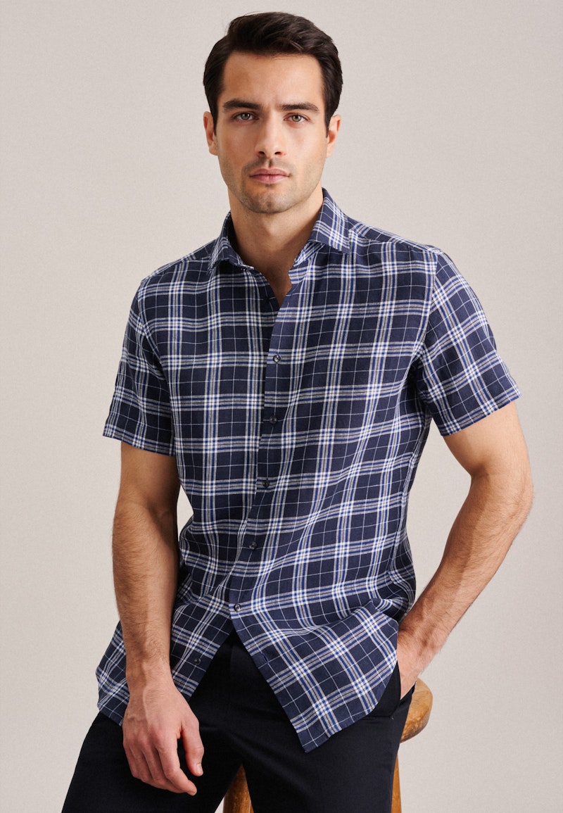 Linen Short sleeve Business Shirt in Slim with Kent-Collar