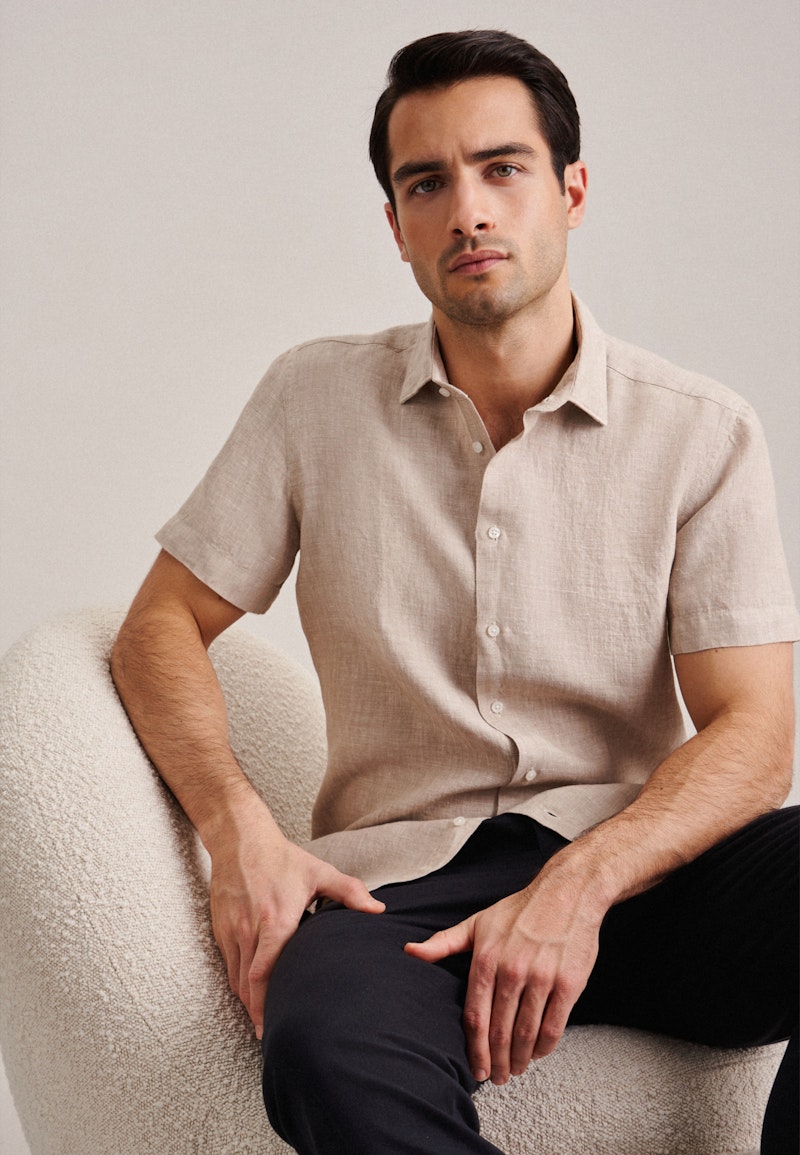 Linen Short sleeve Business Shirt in Slim with Kent-Collar