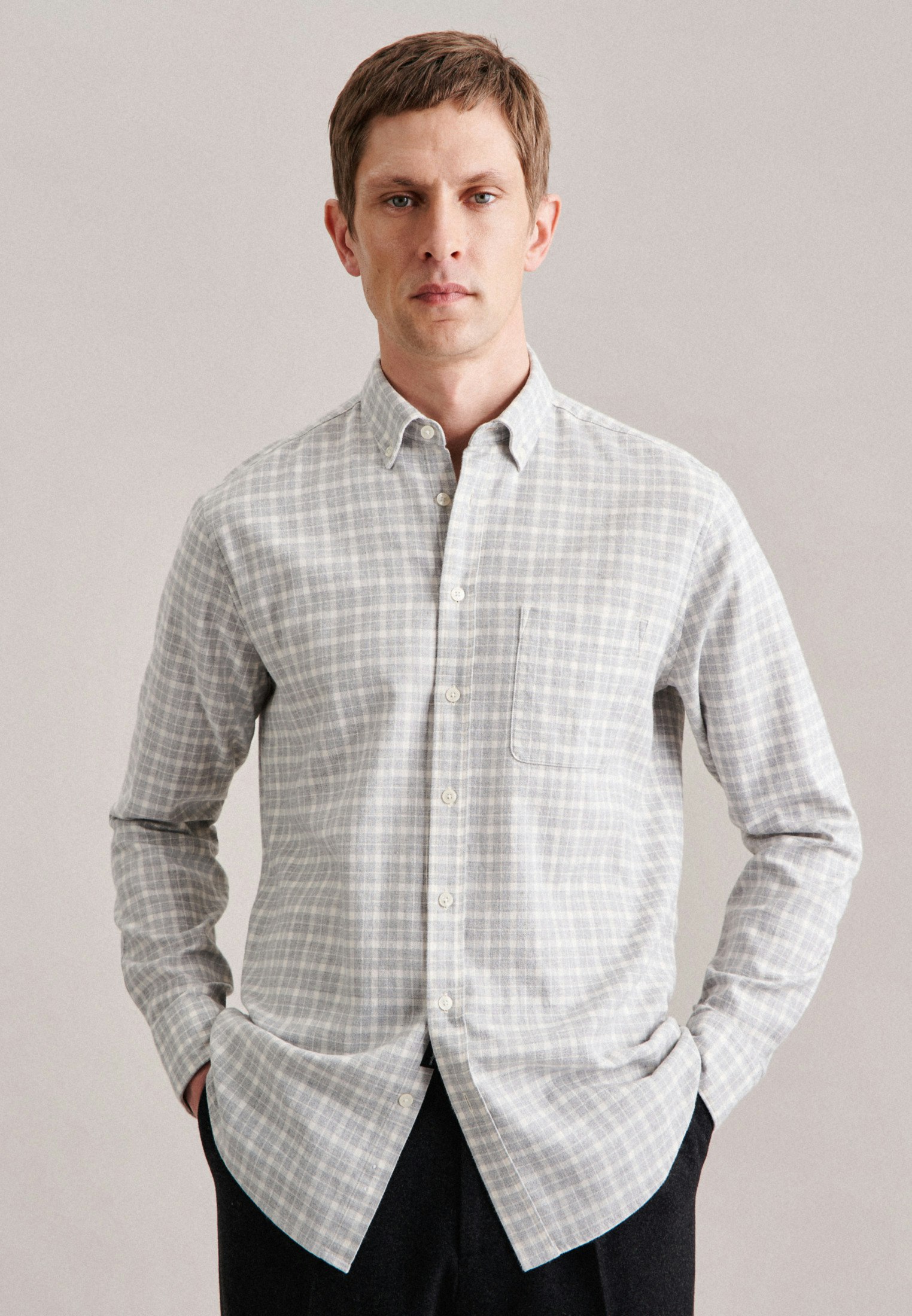 Twill Casual Hemd in Regular mit Button Down Kragen Karo