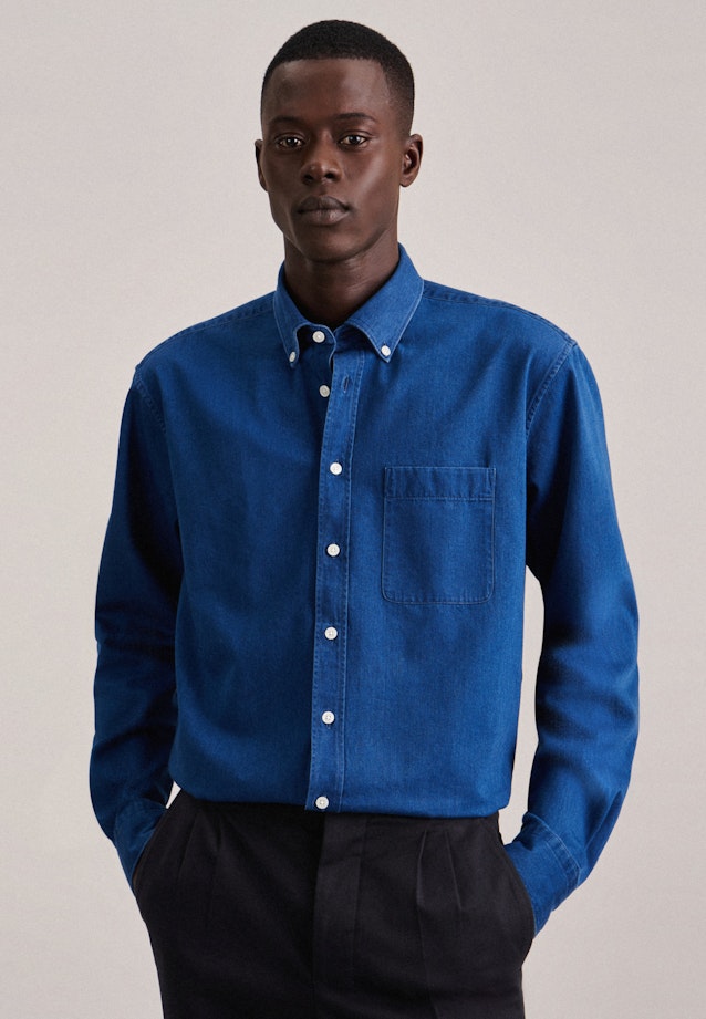 Denim Casual Hemd in Regular mit Button-Down-Kragen in Mittelblau | Seidensticker Onlineshop