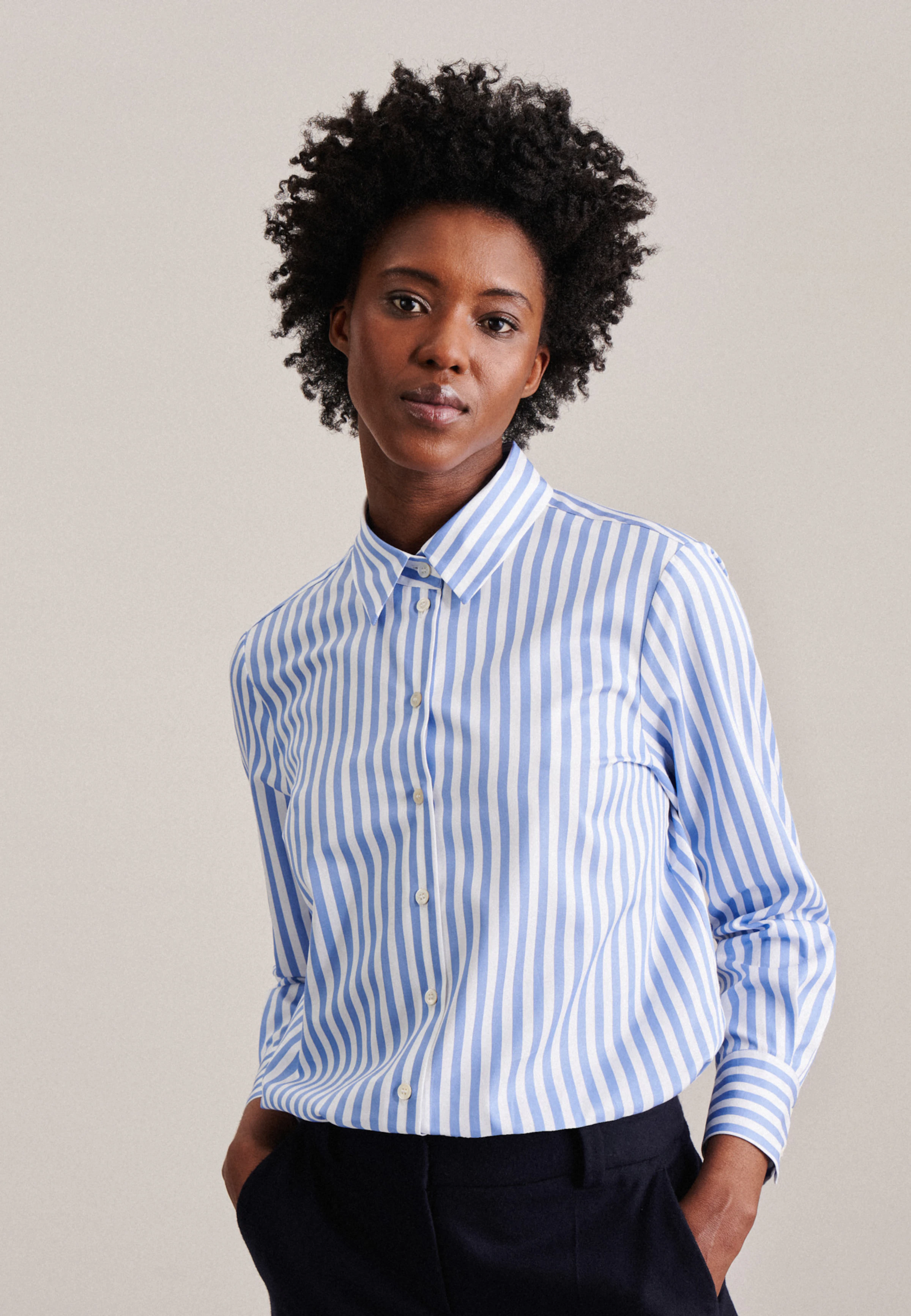 Women Shirt blouse Stripe medium blue | Seidensticker
