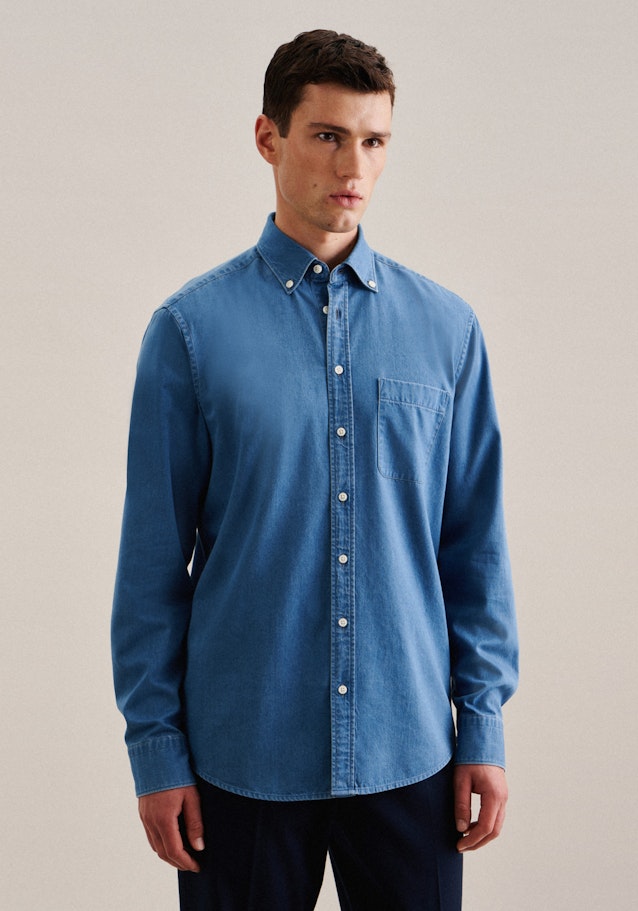 Casual overhemd in Regular with Button-Down-Kraag in Middelmatig Blauw | Seidensticker Onlineshop