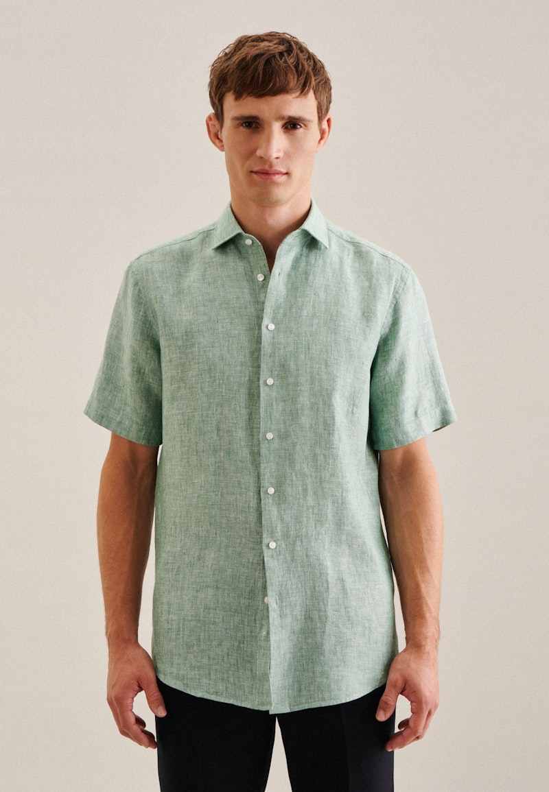 Linen Short sleeve Business Shirt in Regular with Kent-Collar