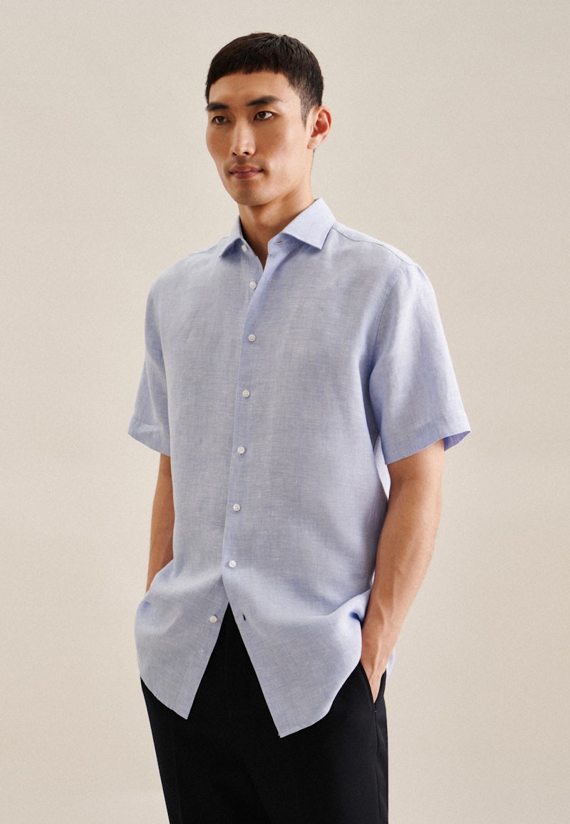 Linen Short sleeve Business Shirt in Regular with Kent-Collar