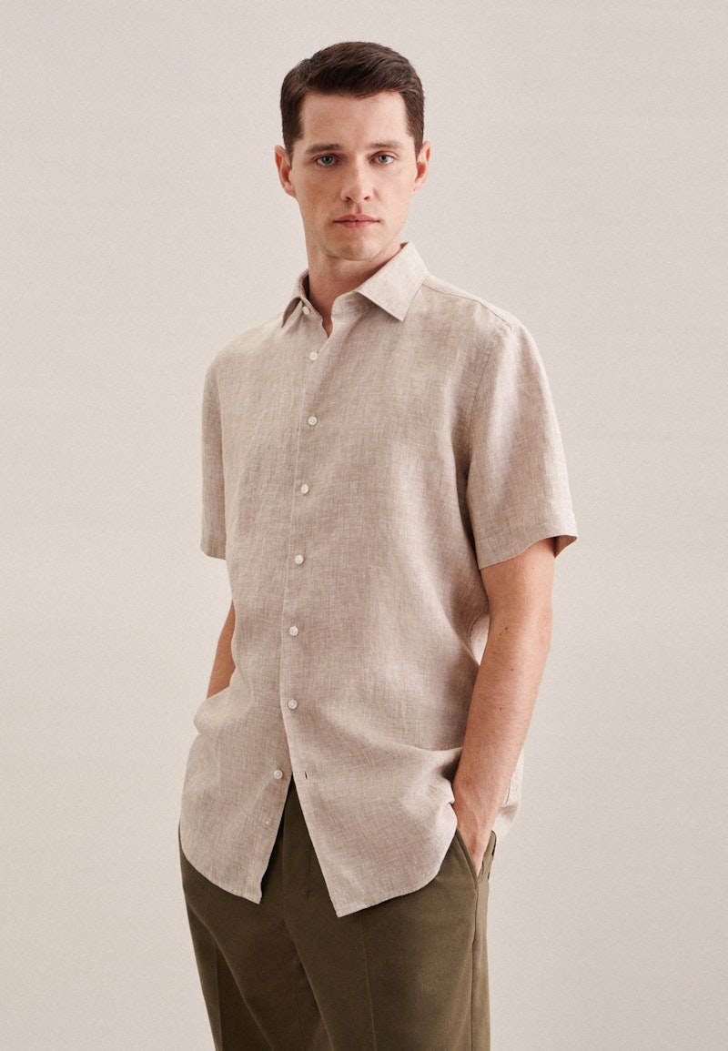 Linen Short sleeve Business Shirt in Shaped with Kent-Collar