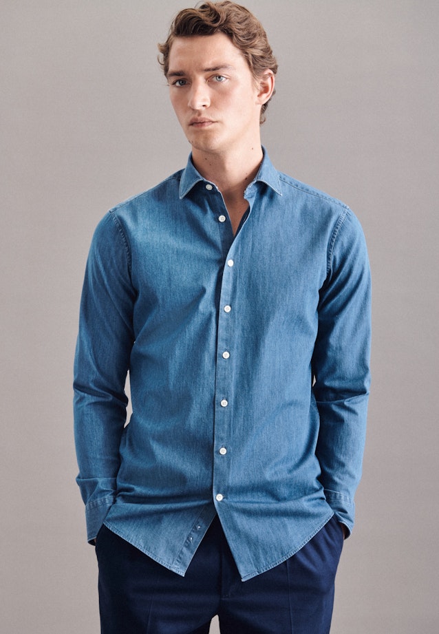 Regular Denimhemd Uni in Mittelblau |  Seidensticker Onlineshop