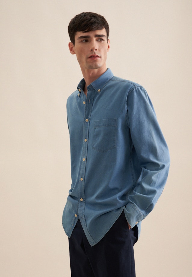 Chemise casual Regular Denim Col Boutonné in Bleu Moyen |  Seidensticker Onlineshop