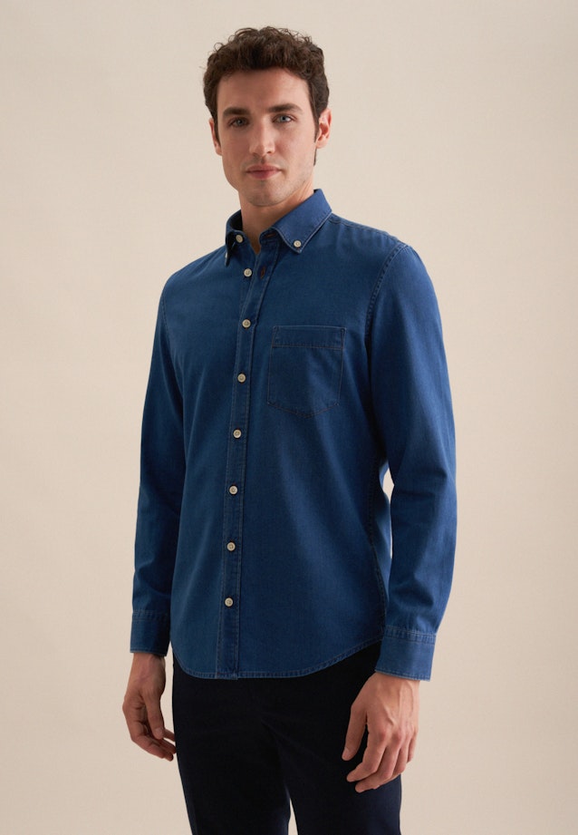 Denim Casual Hemd in Slim mit Button-Down-Kragen in Dunkelblau |  Seidensticker Onlineshop