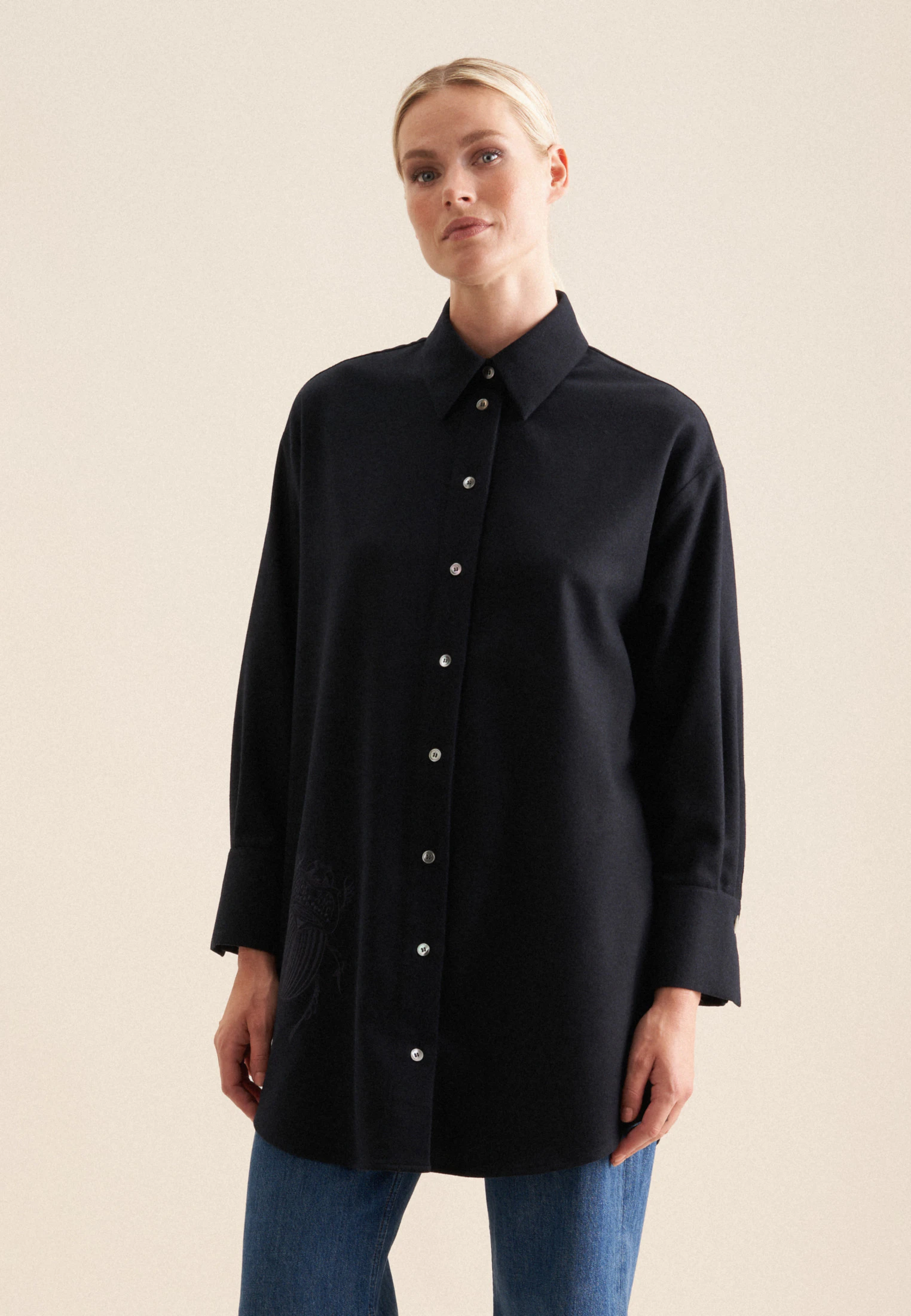 Longbluse Uni Melange Blau