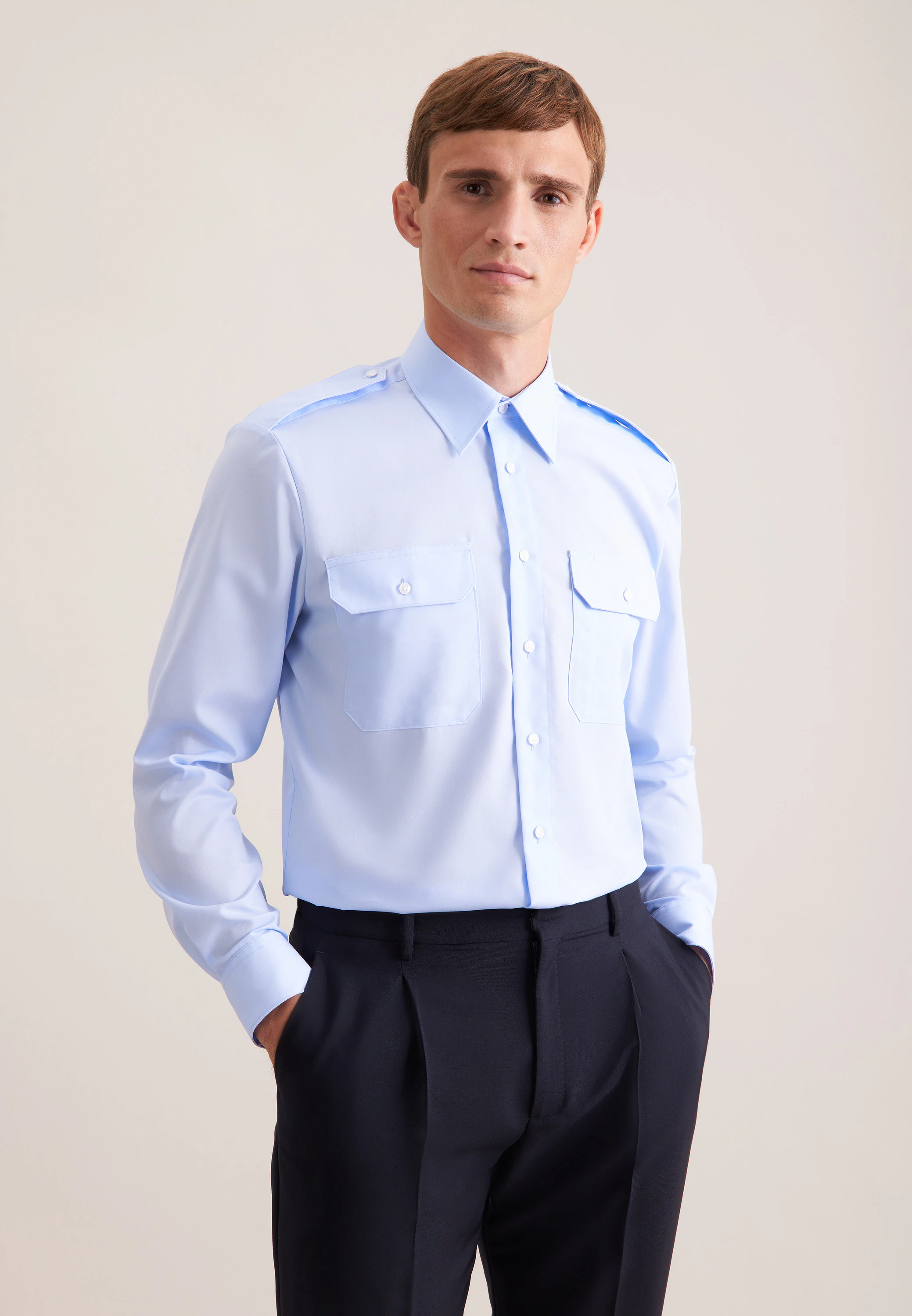 Regular Pilotenhemd Uni Blau