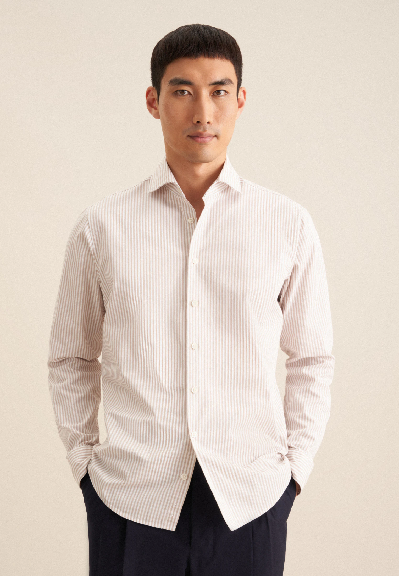 Regular Casual Hemd Streifen Beige