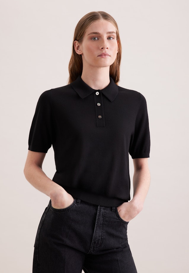 Leichtes Strick Poloshirt aus Wolle und Seide in Schwarz |  Seidensticker Onlineshop
