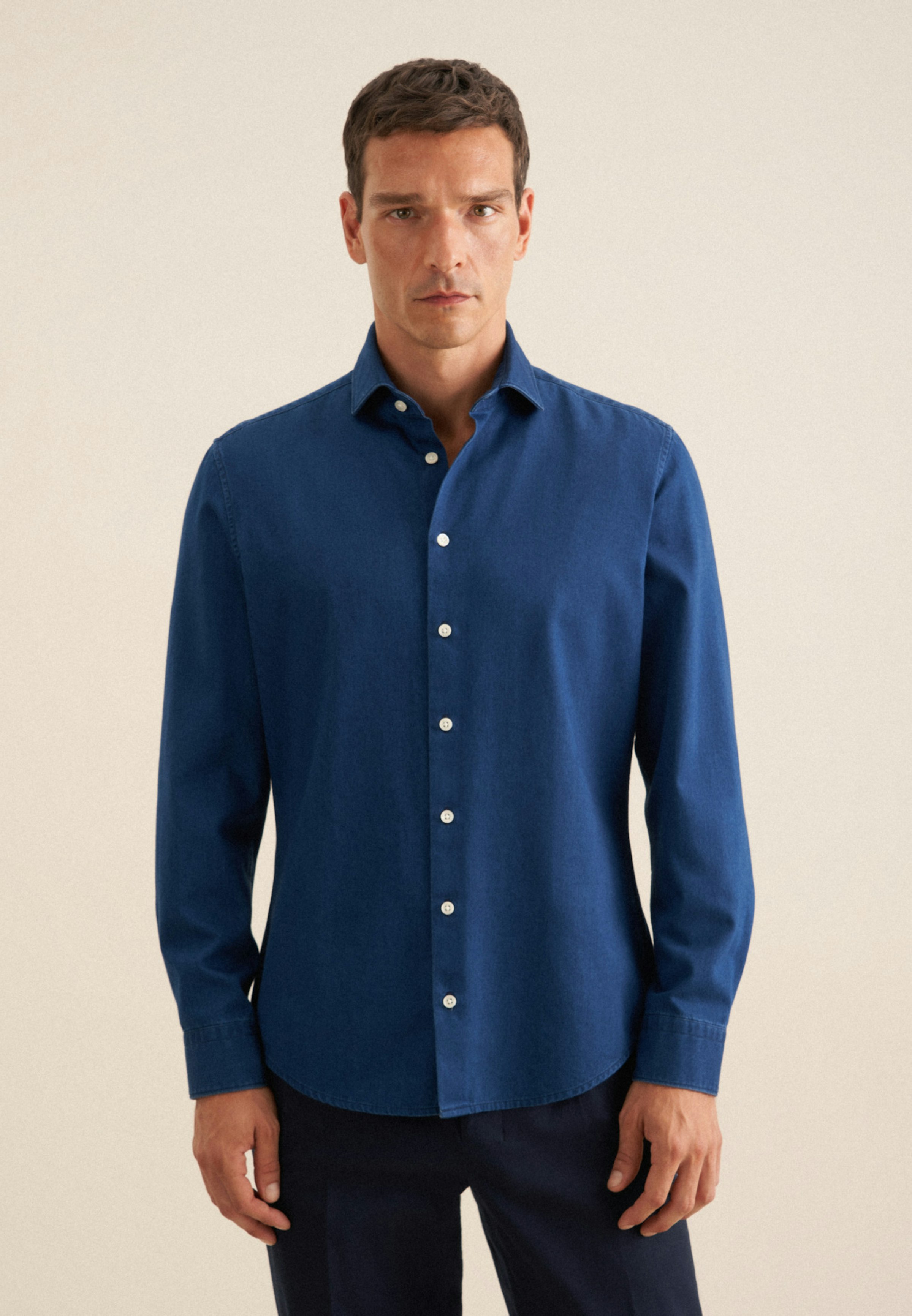 Men Slim Denim shirt Denim dark blue Seidensticker