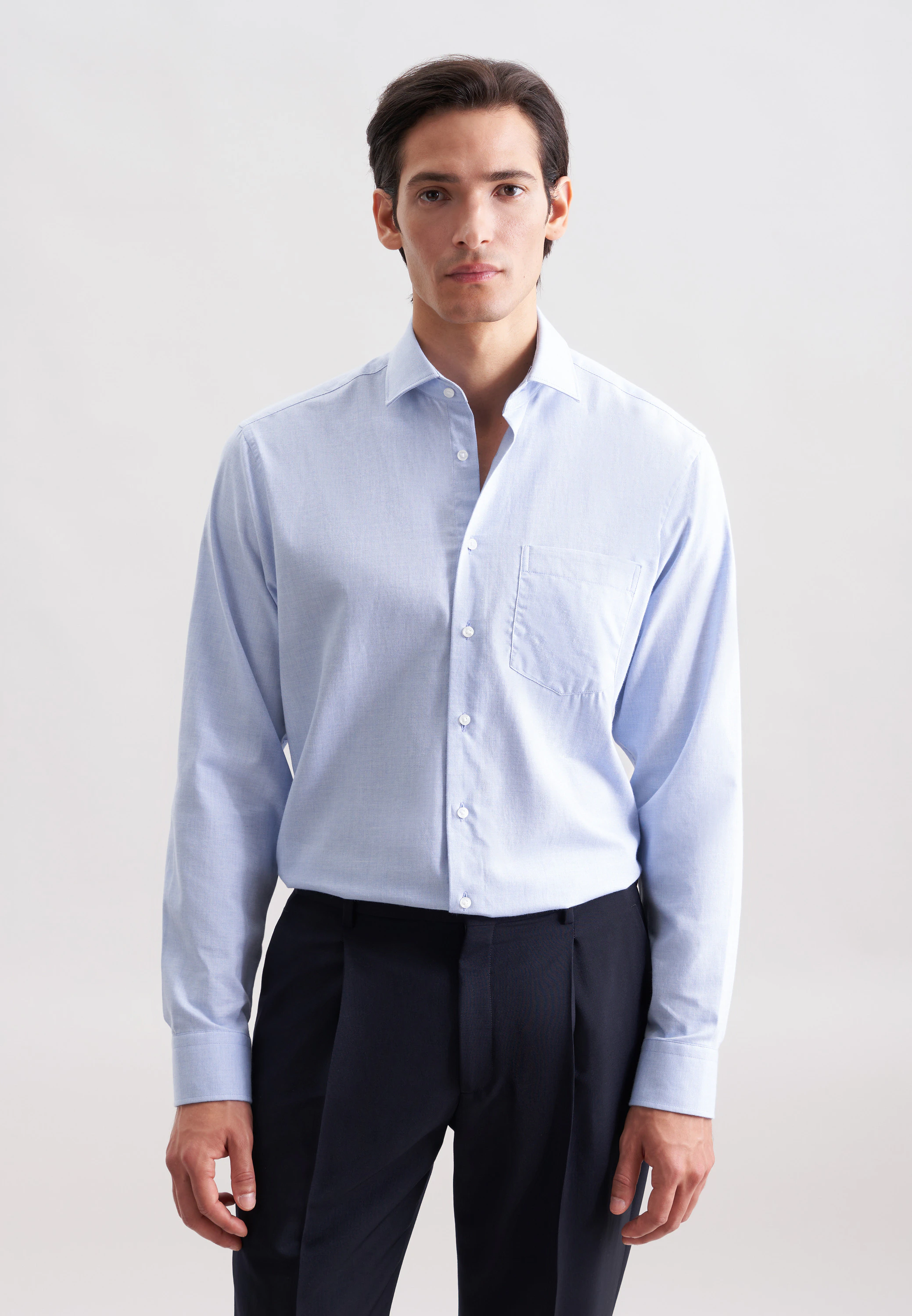 Regular Flanellhemd Uni Blau 40