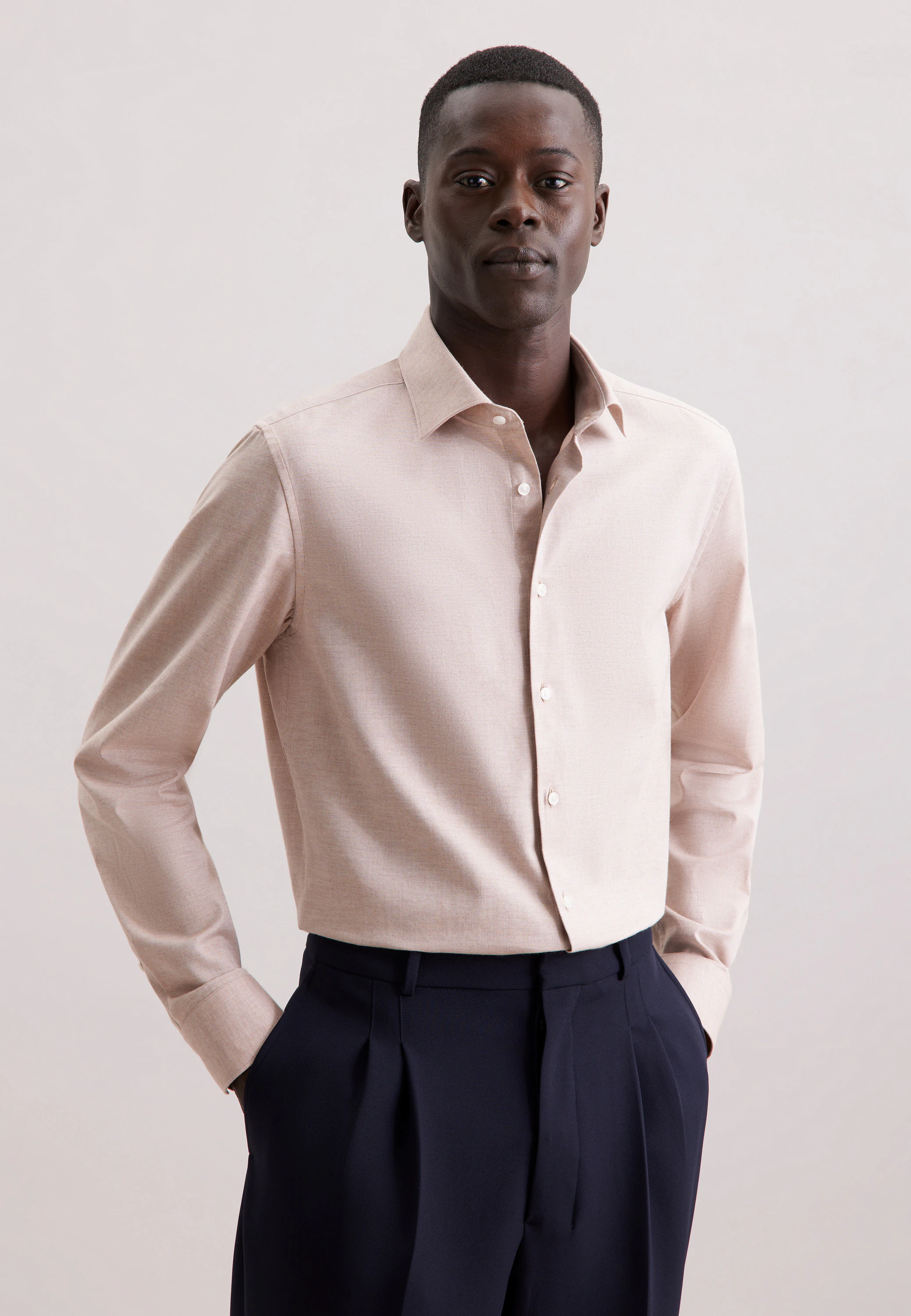 Slim Flanellhemd Uni Beige 43