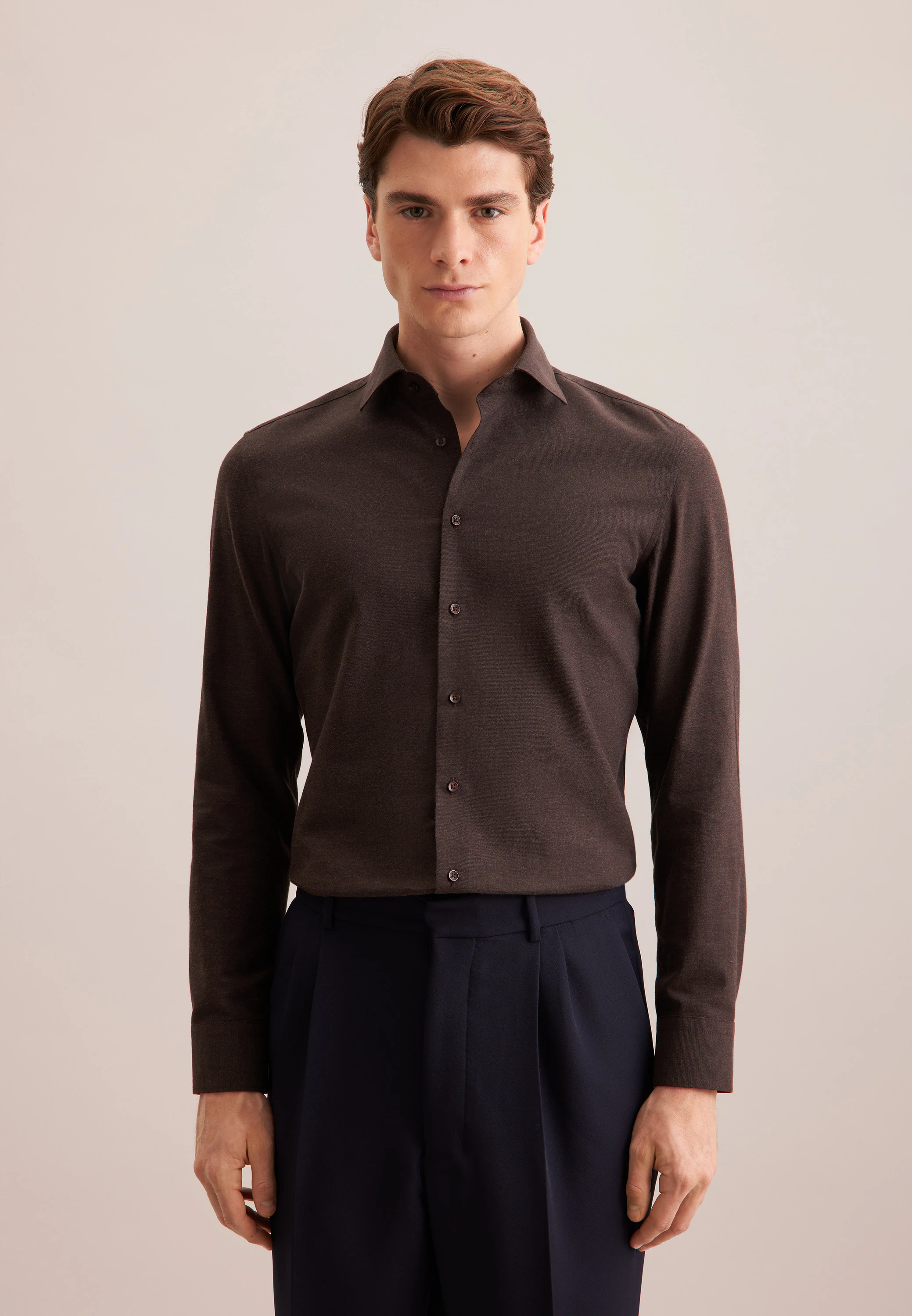 Slim Flanellhemd Uni Braun