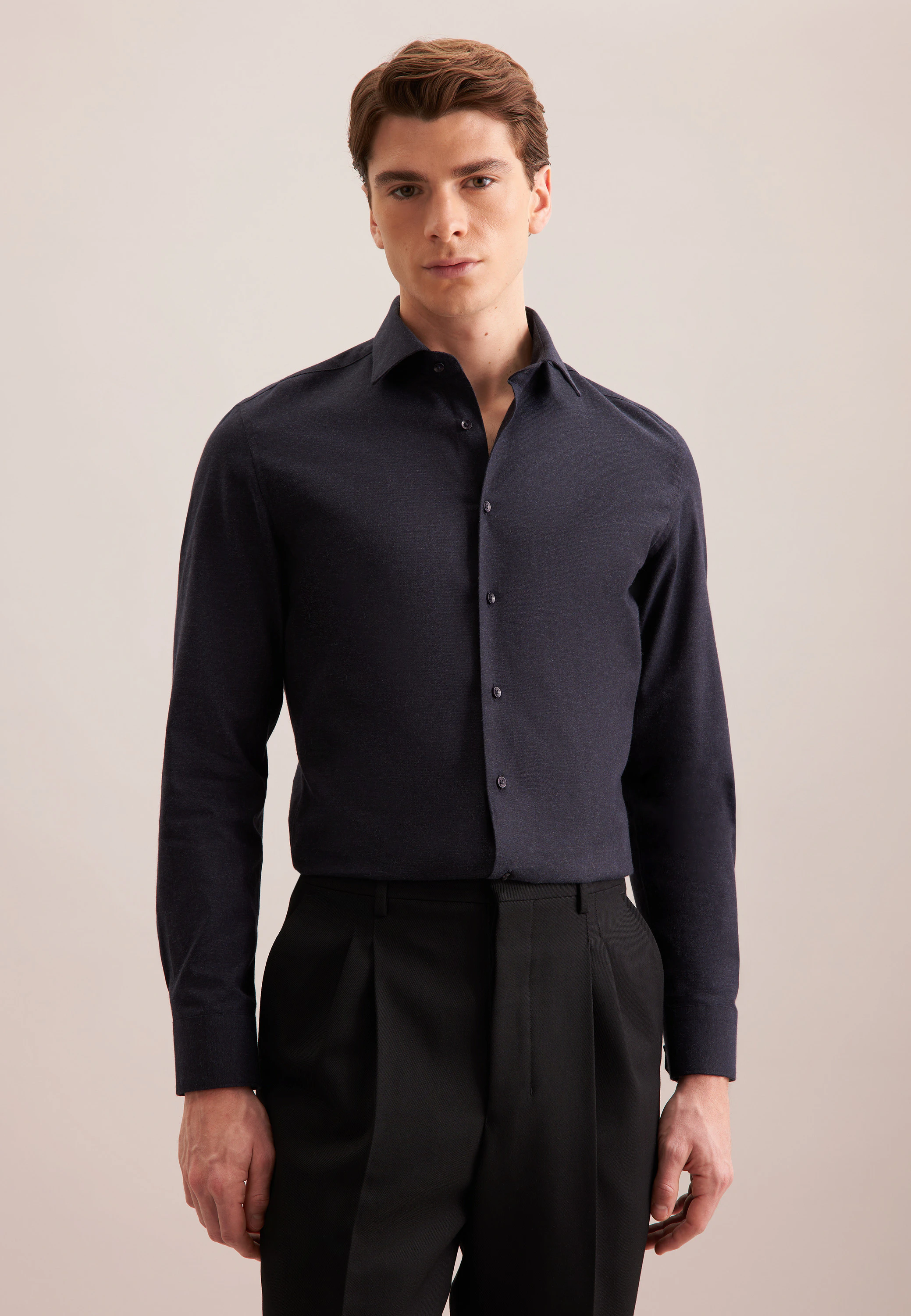 Shaped Flanellhemd Uni Blau