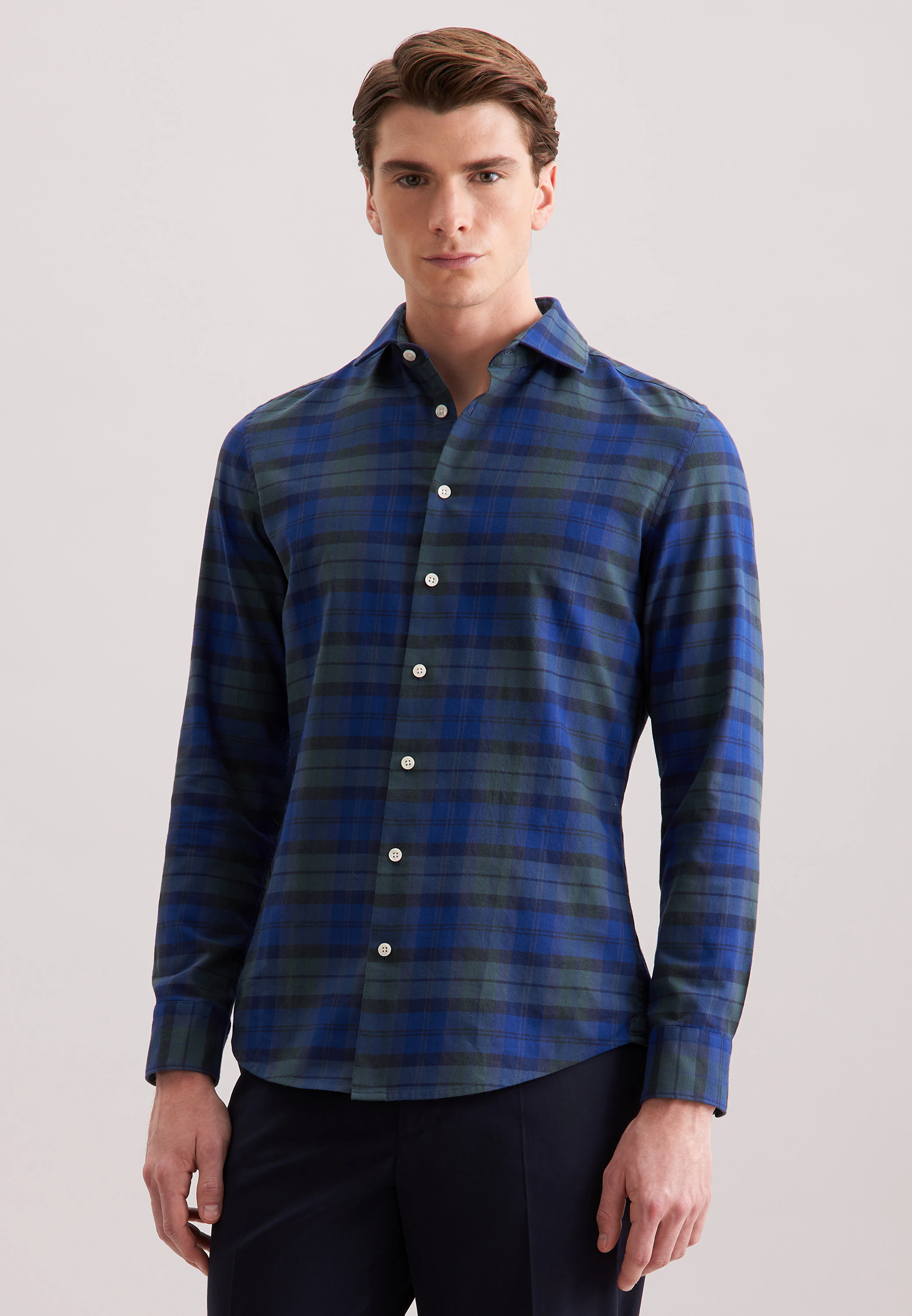 Slim Flanellhemd Karo Blau