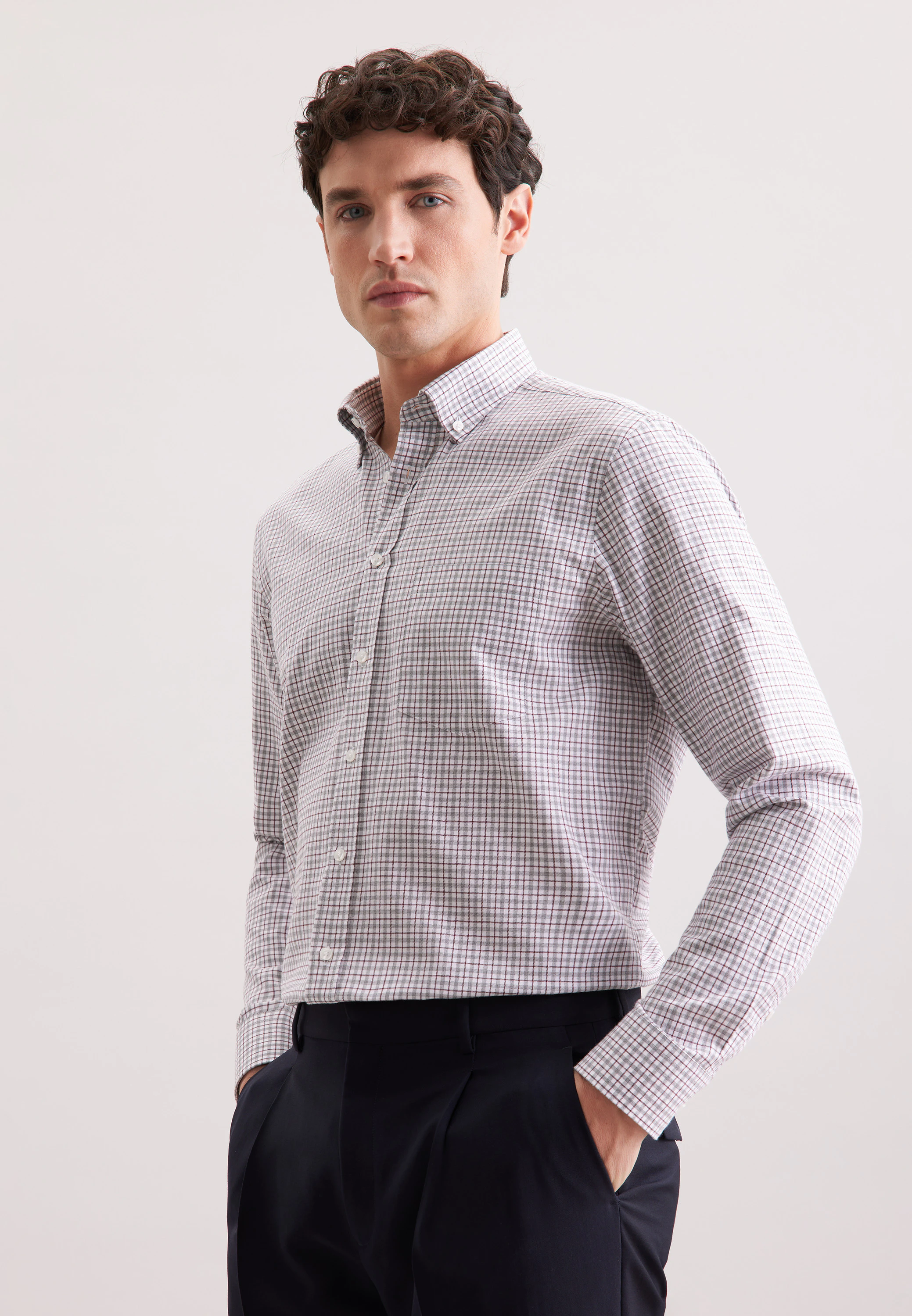 Regular Flanellhemd Karo Grau 40