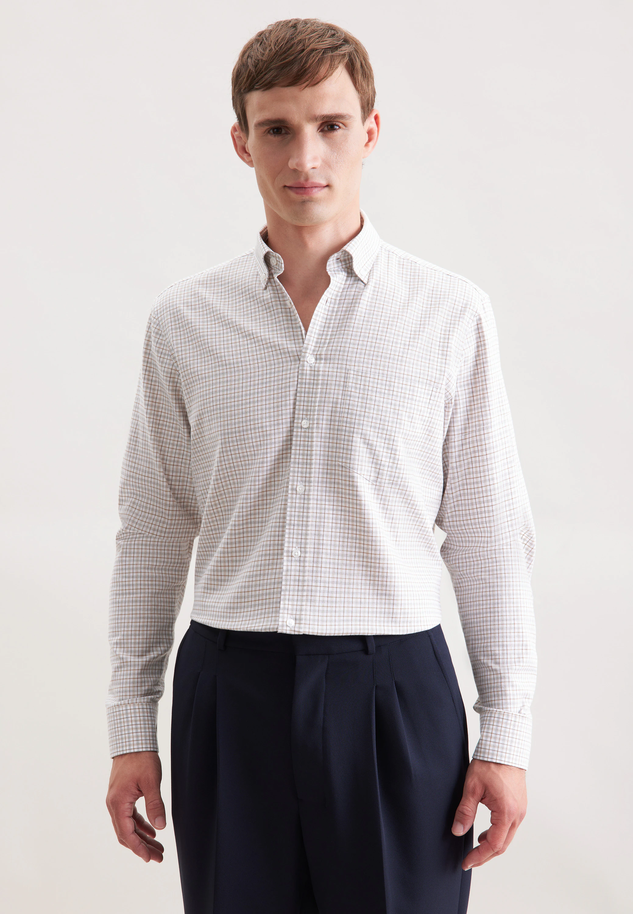 Regular Flanellhemd Karo Beige