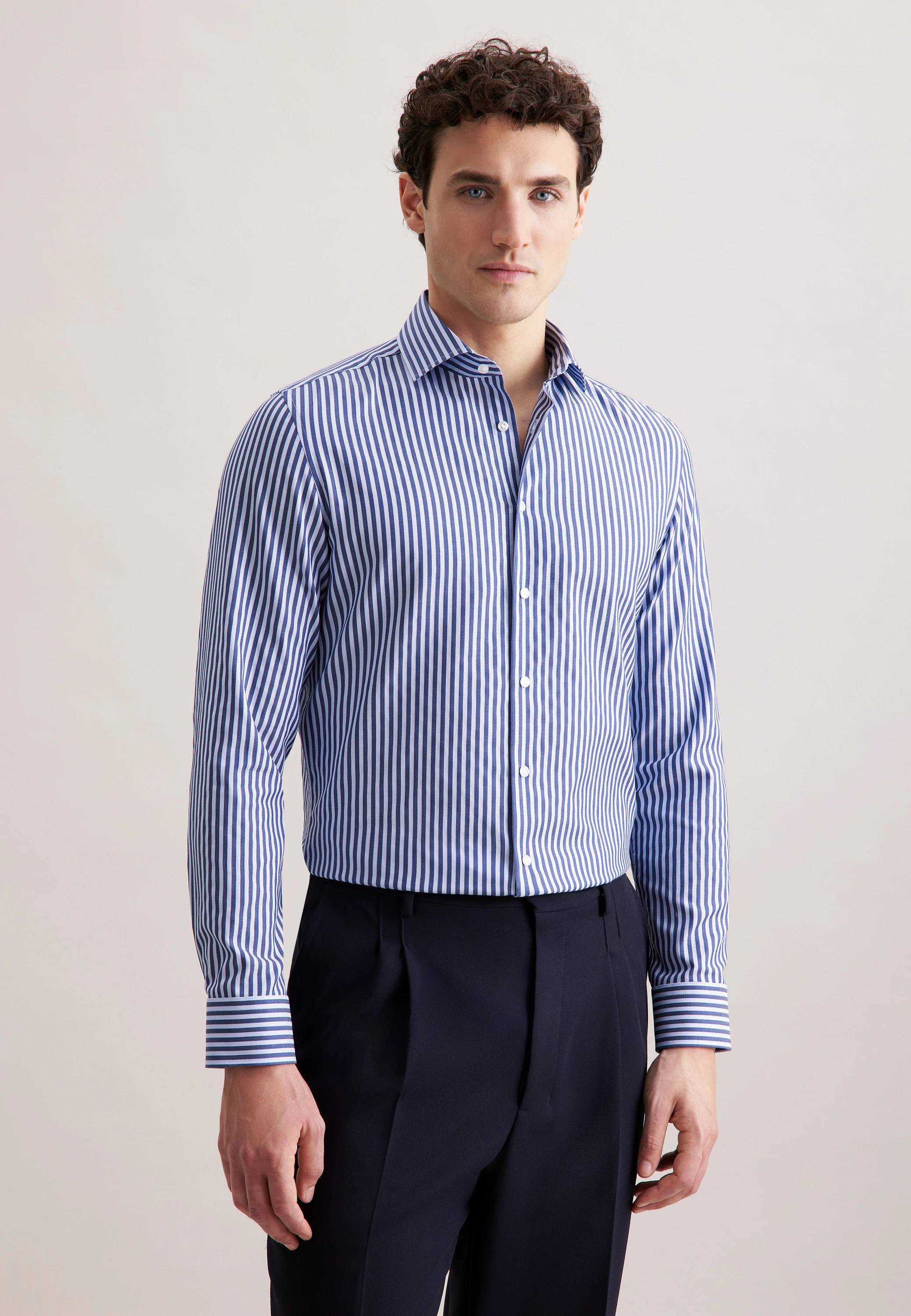 Slim Business Hemd Gestreift Blau 45