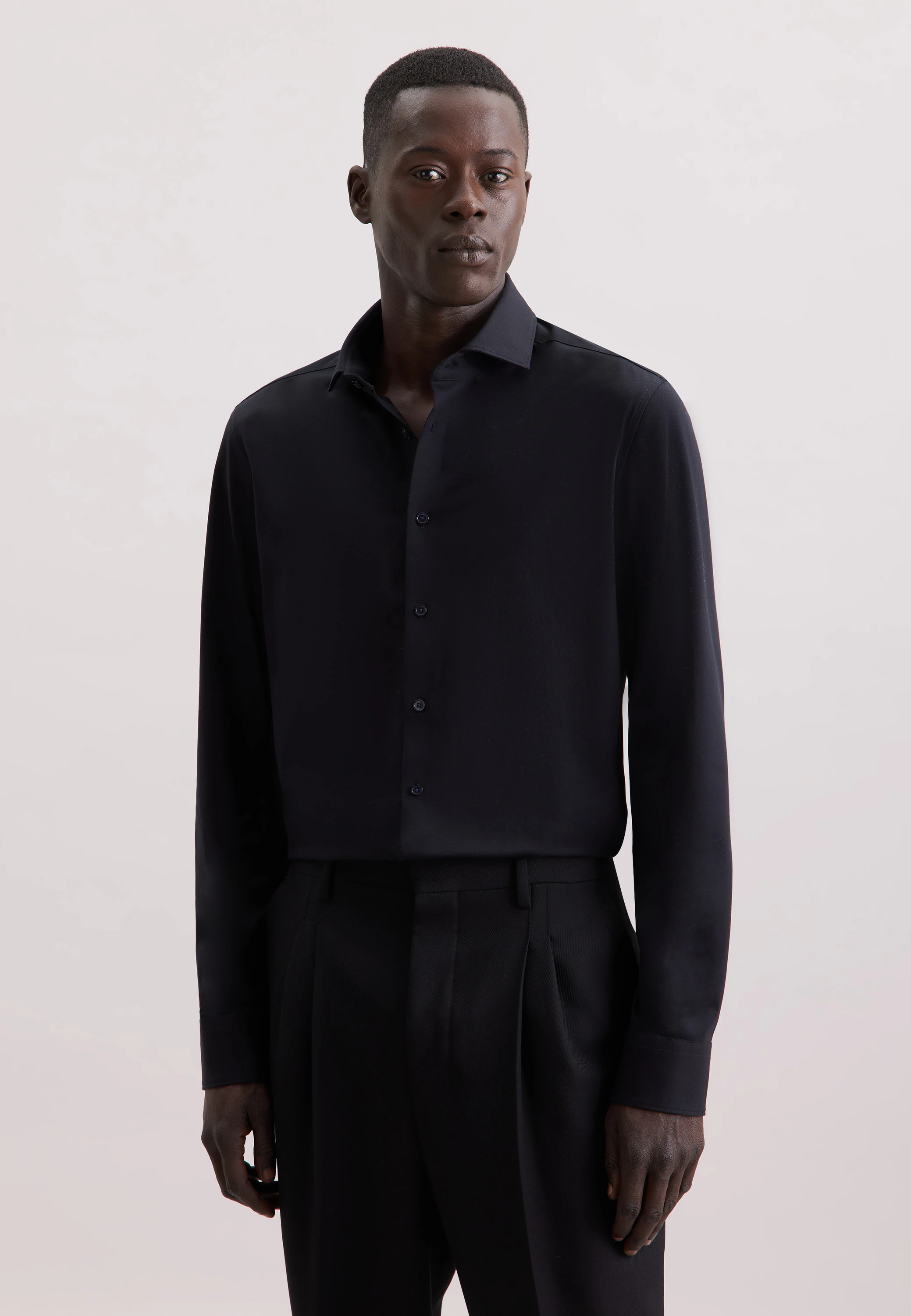 Slim Jerseyhemd Uni Schwarz