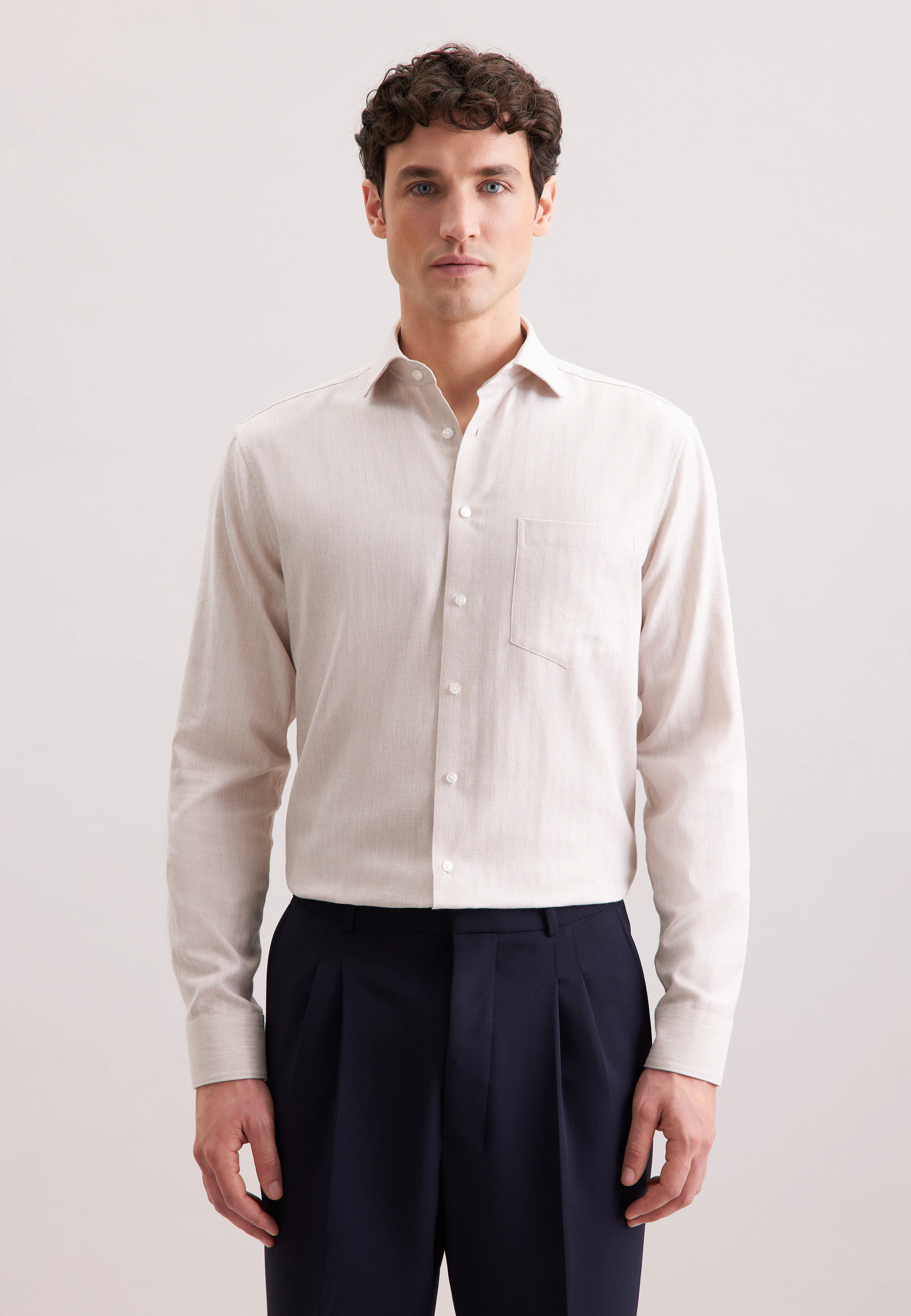 Regular Flanellhemd Fischgrat Beige 42