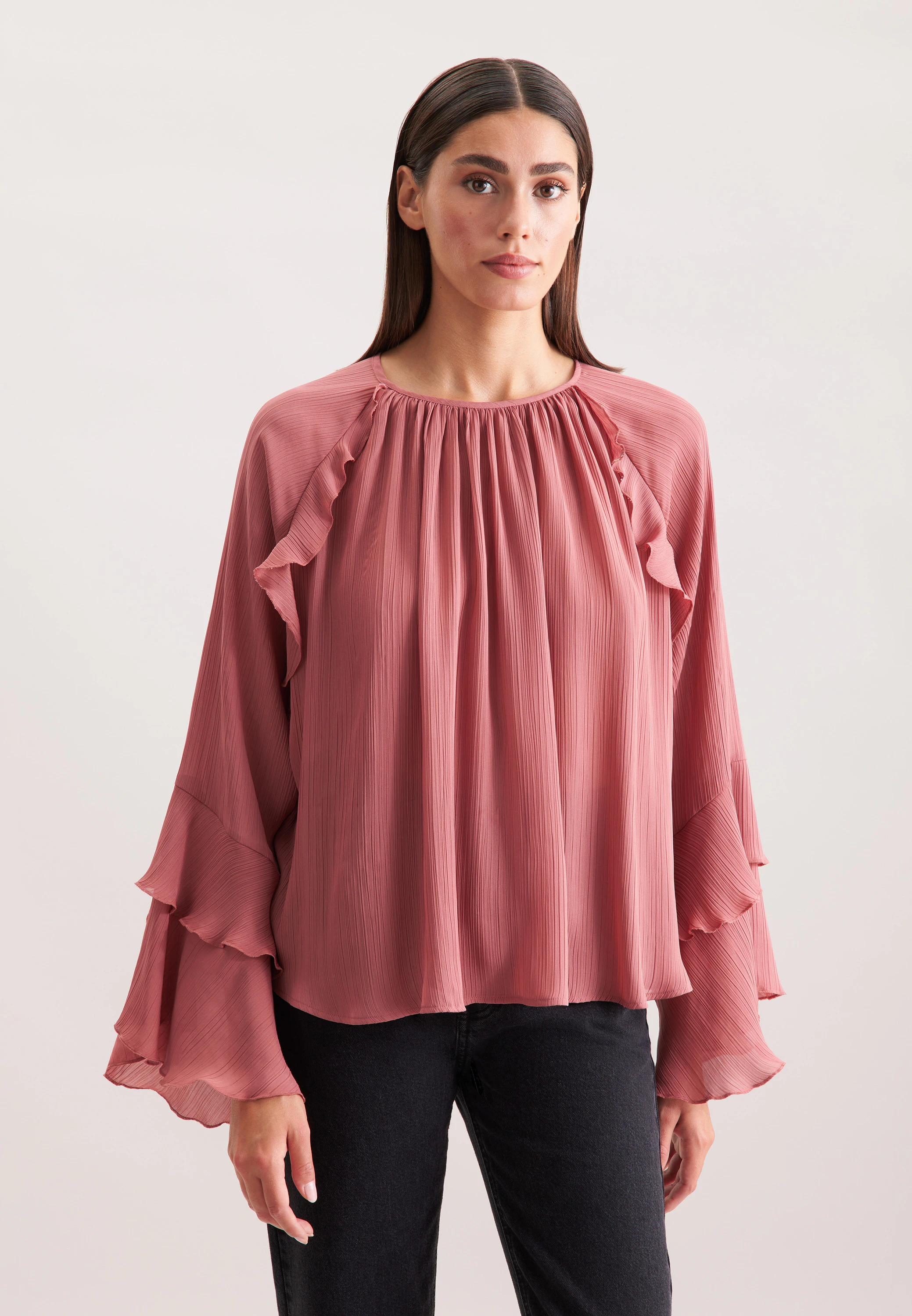 Raglanbluse mit Volants Rosa/Pink