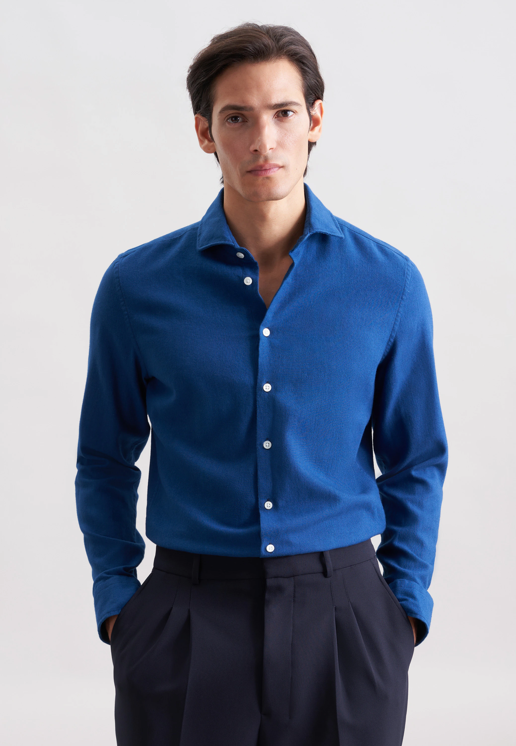 Slim Flanellhemd Uni Blau