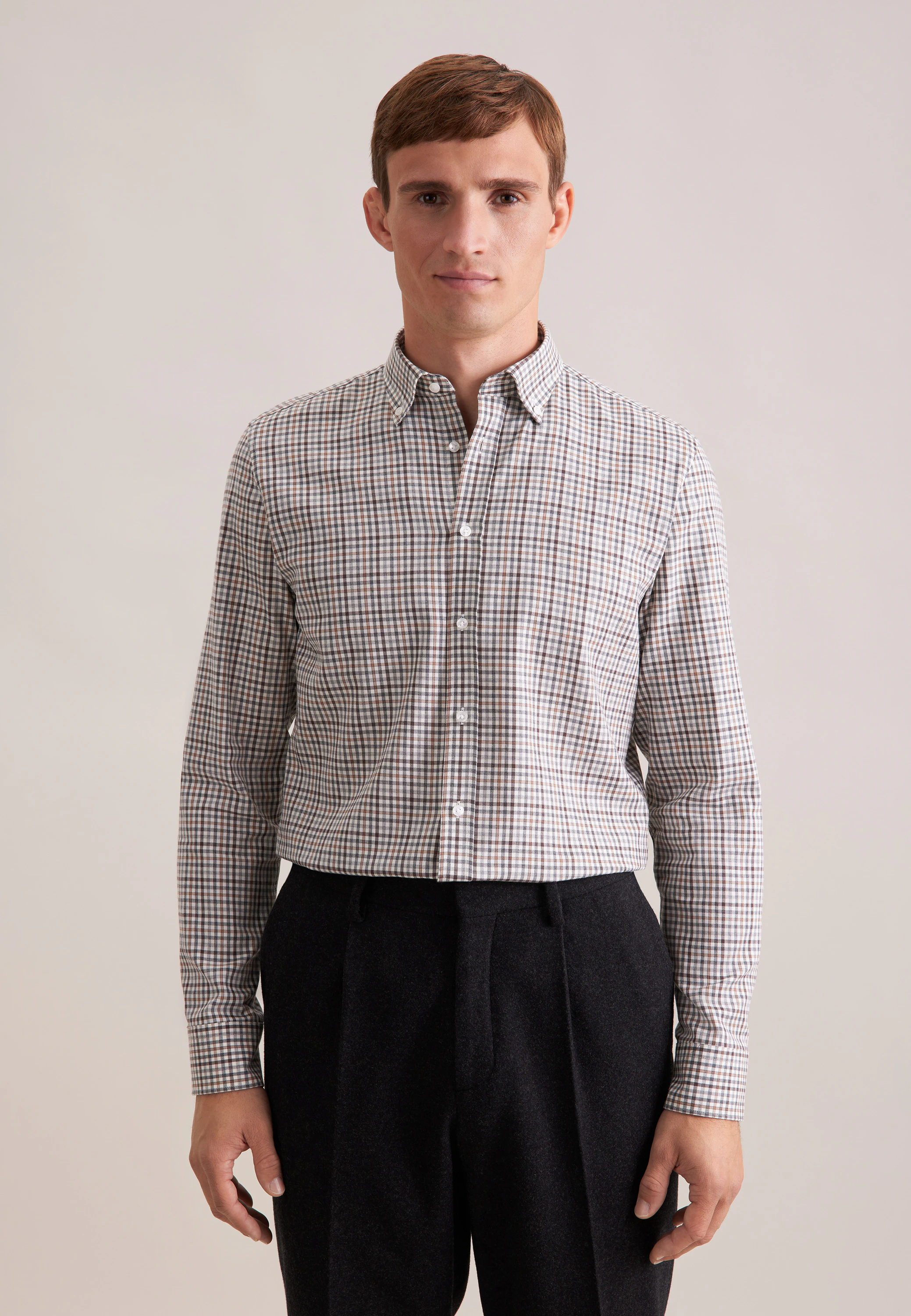 Slim Flanellhemd Karo Braun